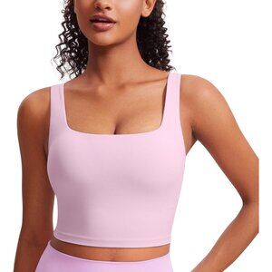 👑Women's Vita Pink Sleeveless Pull Over Square Neck Sports Padded Crop Tank Top